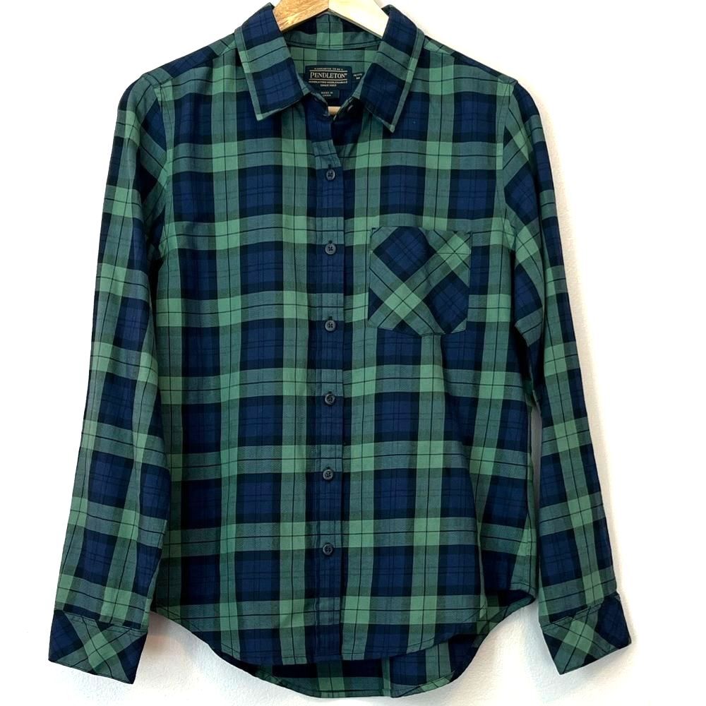 Pendleton 100% Cotton Plaid Button Down Shirt Medium Petite Preppy Blue Green